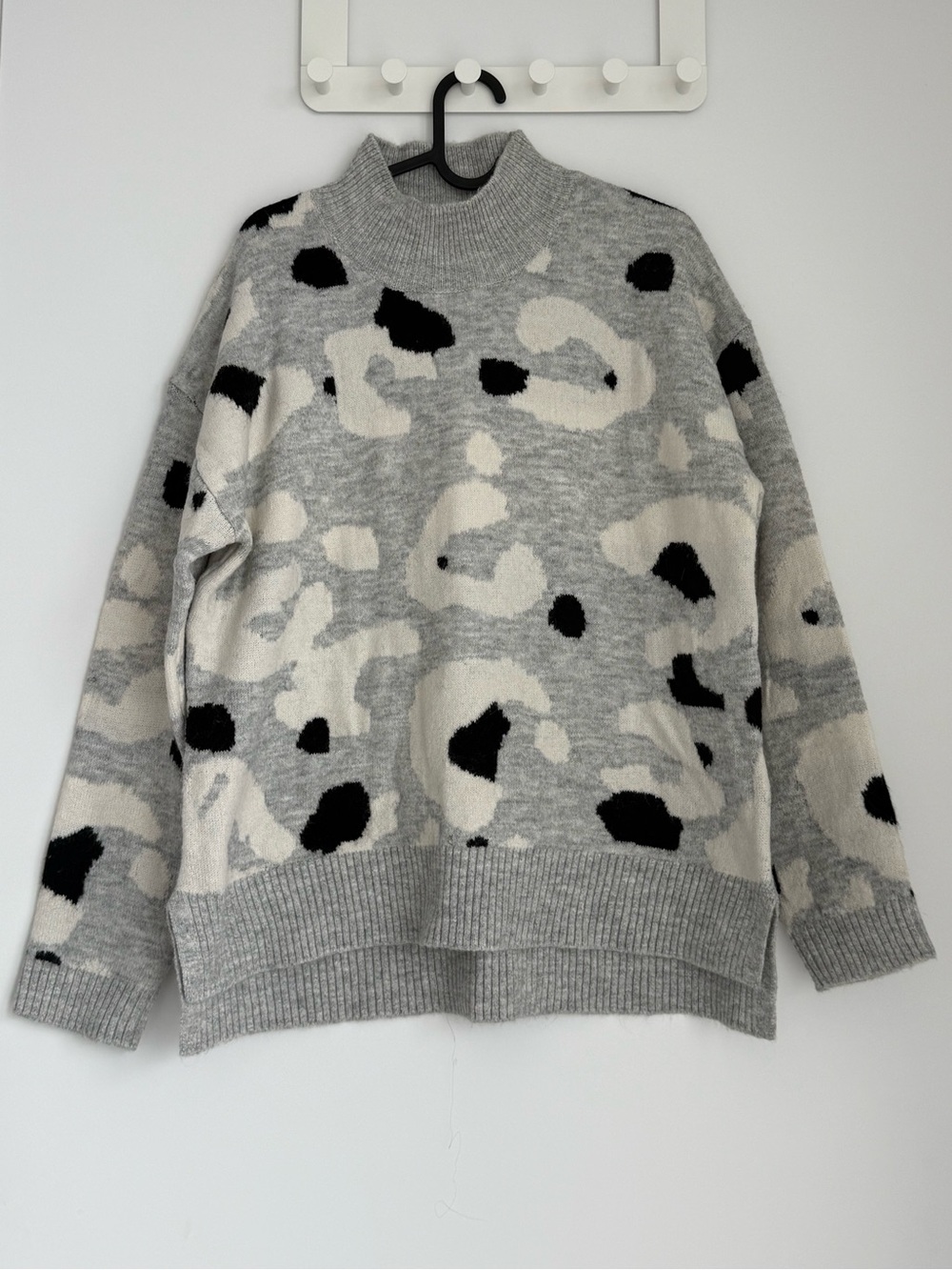 Gray Abstract Leopard Mock Neck Women’s Sweater